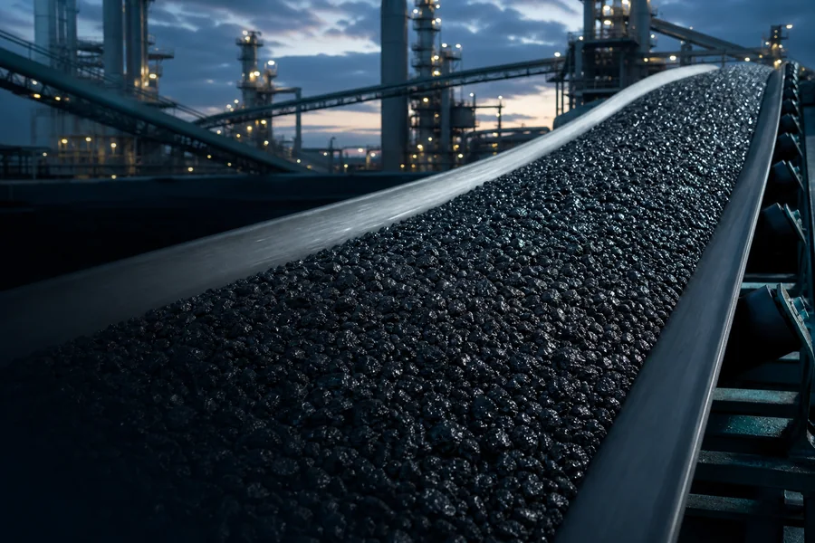 Petroleum coke on a refinery conveyor