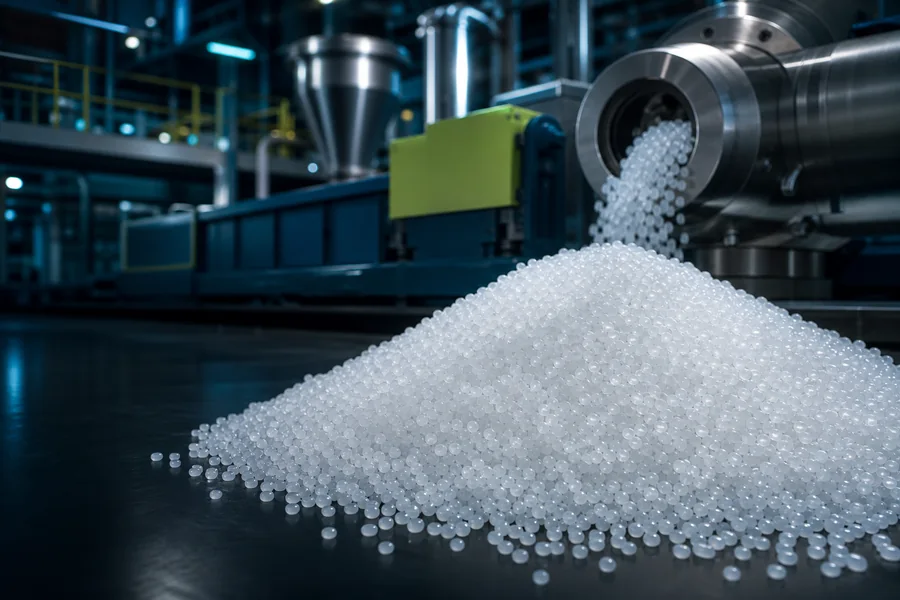Polypropylene pellets at a polymer plant