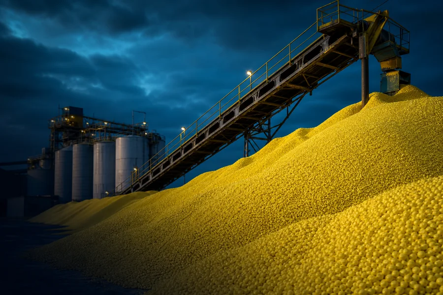 Sulfur granules at an industrial storage site